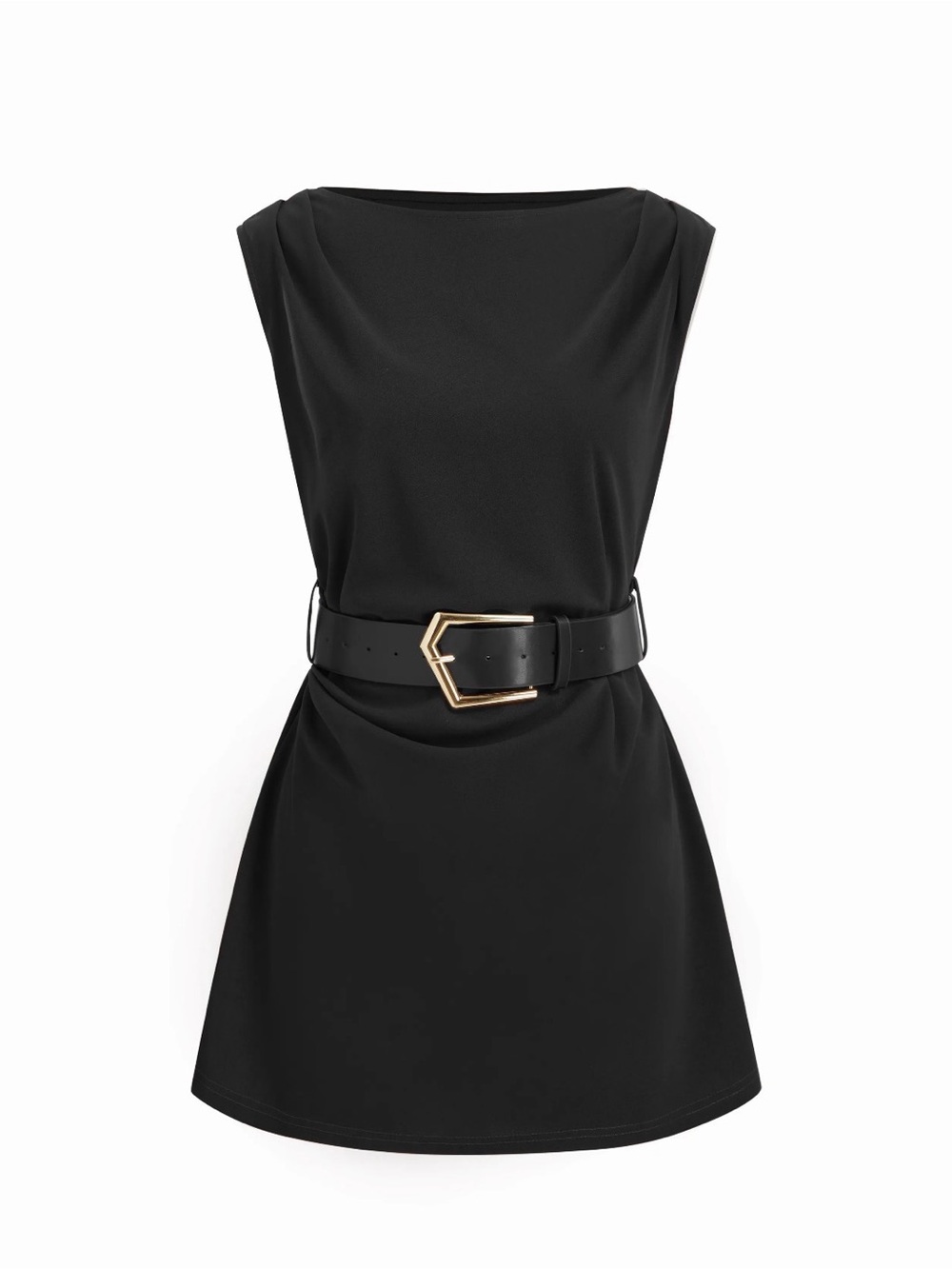 Cider Black Sleeveless Mini Dress with Gold Buckle Belt